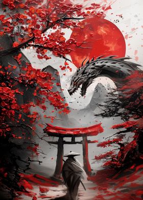 Abstract Samurai Torii Gate Dragon 