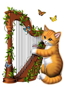 Cat Playing Harp