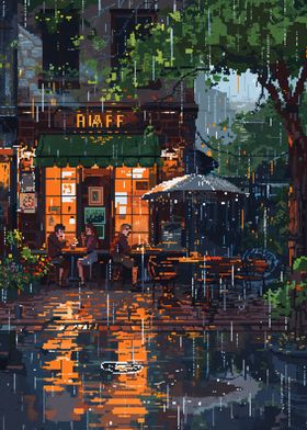 Rainy Cafe Scene Pixel Art