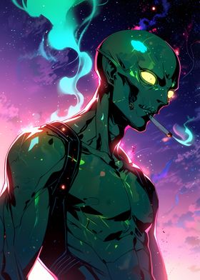 Green-Skinned Figure in Space