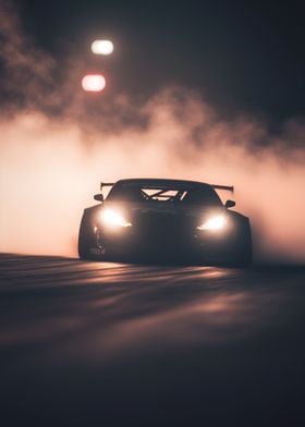 black racing car drifting out of a cloud of smoke