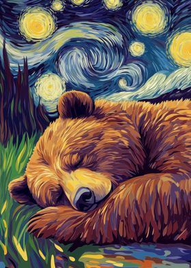 Bear Sleeping Under Starry Night