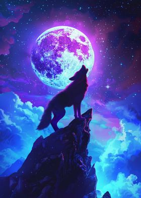 Wolf Howling at the Moon Neon Art Print