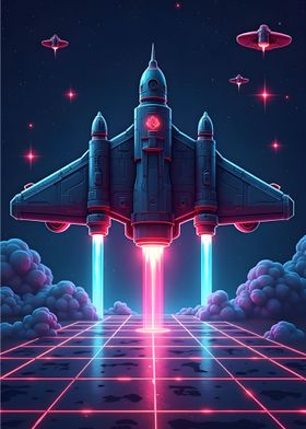 Retro Futuristic Spaceship - Neon Arcade-Style Launch