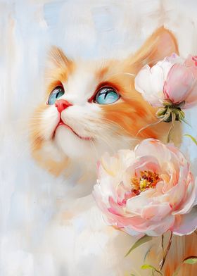 Cute Orange Tabby Cat with Peonies