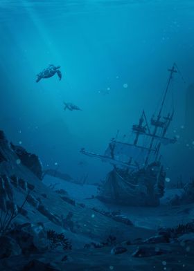 Boat and turtles - Shipwreck Underwater