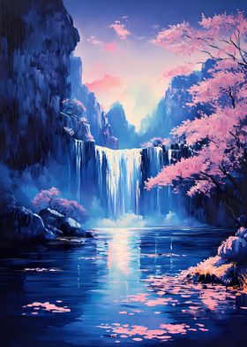 Waterfall Serenity Cherry Blossom Nature