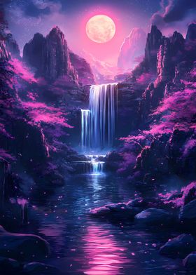 Night Waterfall Fantasy Cherry Blossom Moon