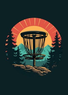 vintage retro sunset pine trees disc golf frolf sport player cute graphic cool design