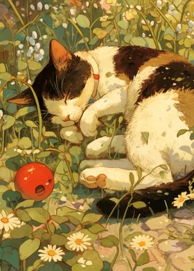 Sleeping Cat in Flowers