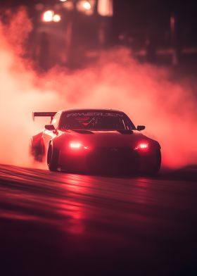 red racing car drifting out of a cloud of smoke