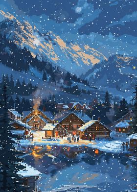 Snowy Mountain Village Pixel Art