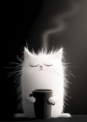 Sleepy Cat with Coffee