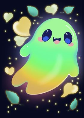 Cute Green Ghost and Hearts