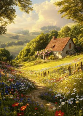 Cottage in a Flower Field