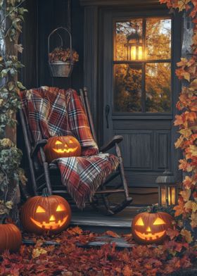 Halloween Porch with Jack-o'-Lanterns