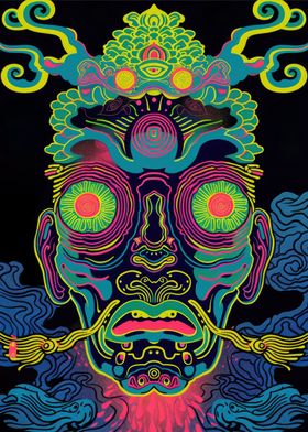 Psychedelic Neon Japanese Yokai Mask