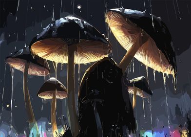 Glowing Mushrooms in Rain