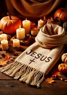 Halloween Pumpkin Jesus Scarf with Fall Decor