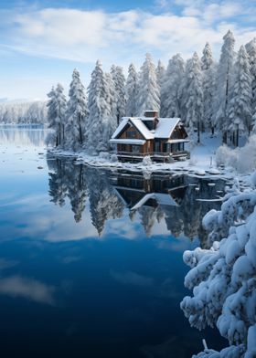 Winter Cabin by the Lake