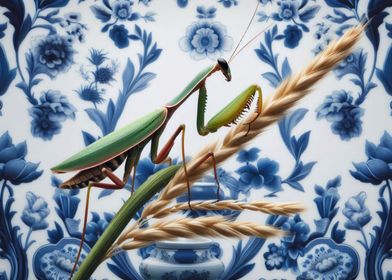 Praying Mantis on Floral Plate