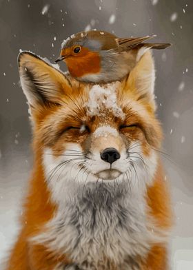 Fox and Robin in Winter