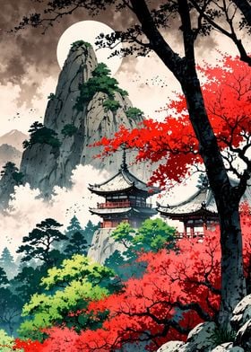 Japanese Temple Mountain Landscape