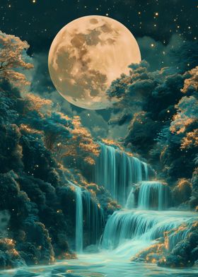 Moonlit Waterfall with moon tree