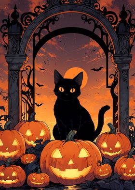 Halloween Black Cat & Pumpkins