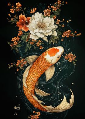 Koi Fish with Flowers