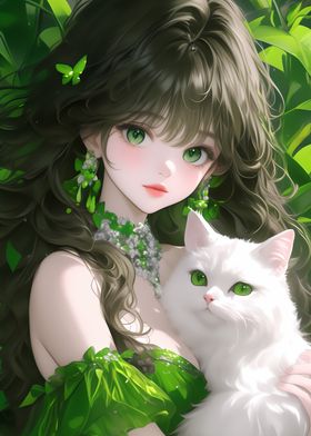 Anime Girl with White Cat