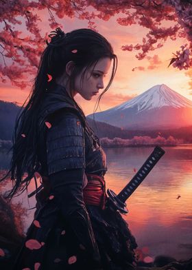 Geisha Samurai Woman at Sunset