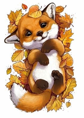 Cute Fox in Autumn Leaves