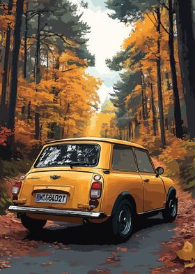 Yellow Mini Cooper in Autumn Forest