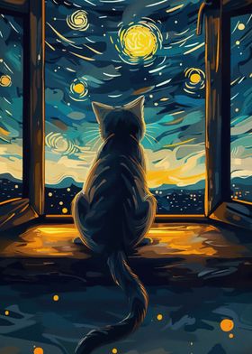 Cat Gazing at Starry Night