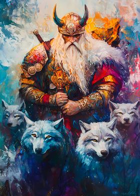 Viking Nordic Warrior God Odin with Wolves