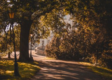 Park Path with Lampposts