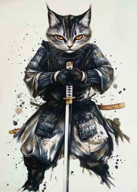 Samurai Cat Watercolor Japan