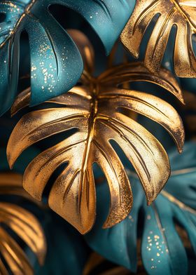 Gold & Teal Monstera Leaves