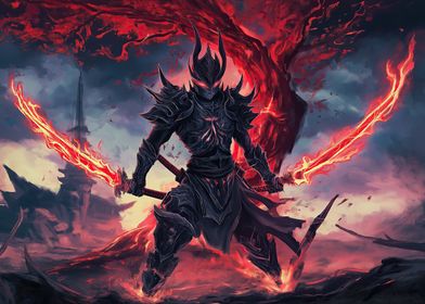 Dark Warrior with Flaming Swords