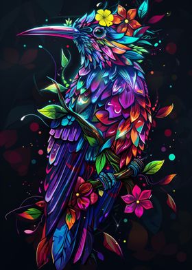 Neon Bird with Flowers