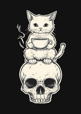 Cat on Skull with Coffee