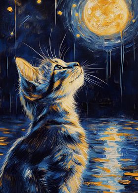 Cat Gazing at the Moon