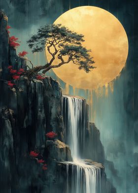 Waterfall Under Moon