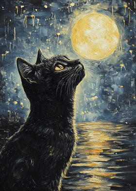 Black Cat Gazing at Moon