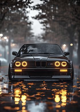 Black BMW E30 in Rain