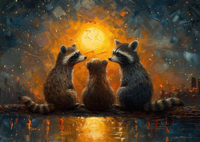 Raccoon Family and The Starry Night