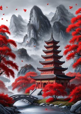 Red Pagoda in Misty Mountains