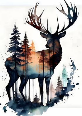 Watercolor Deer in Forest