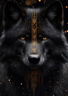 Black Wolf with Gold Design